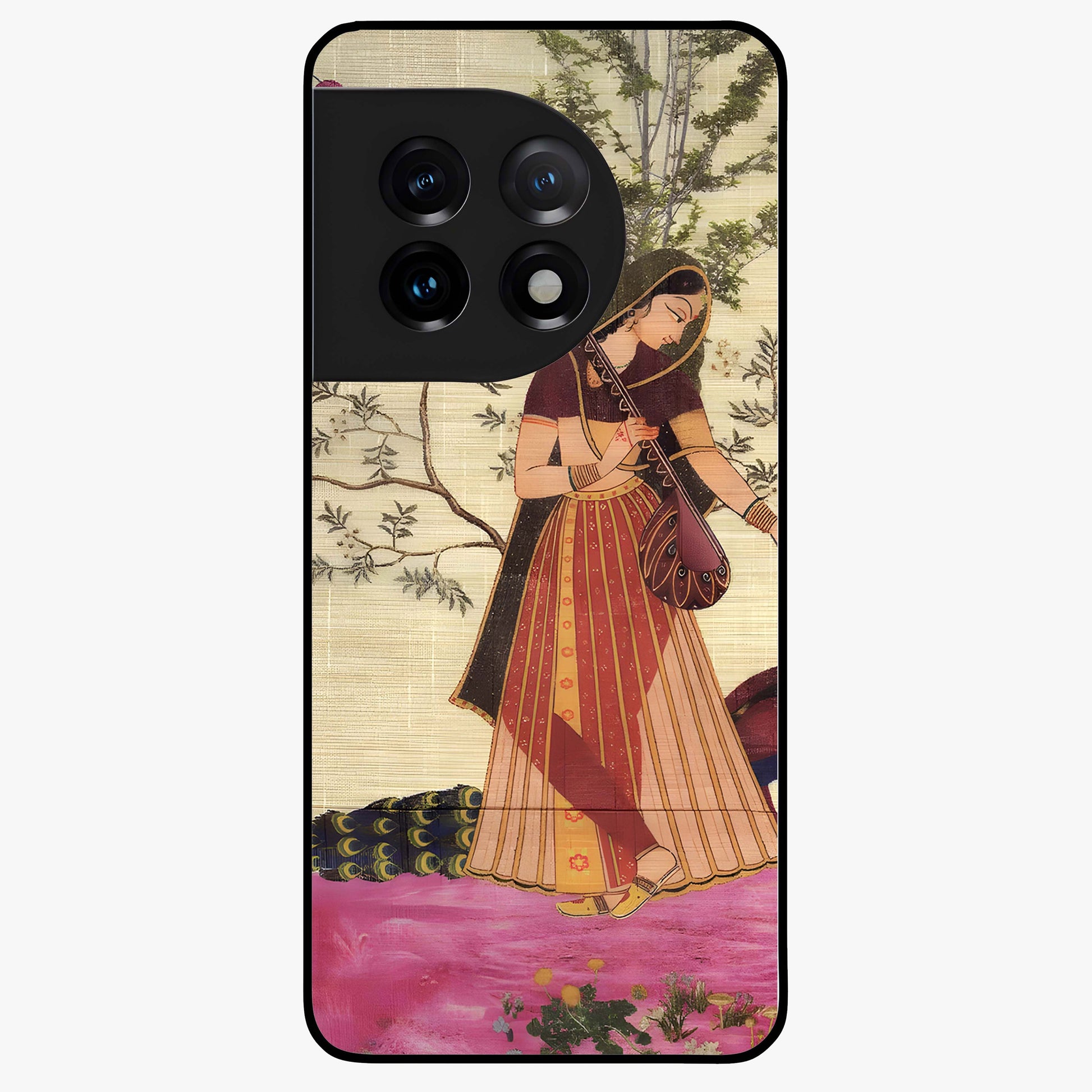 Lady With Veena Art Glass Case for 1+11 elegant front view featuring classical musical inspired artwork