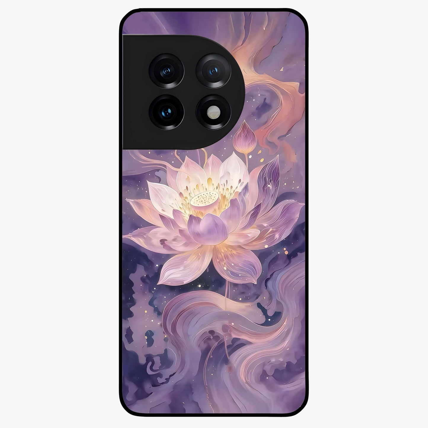 Lavender Lotus Muse Glass Case for 1+11 elegant front view featuring lotus artwork in calming lavender tones