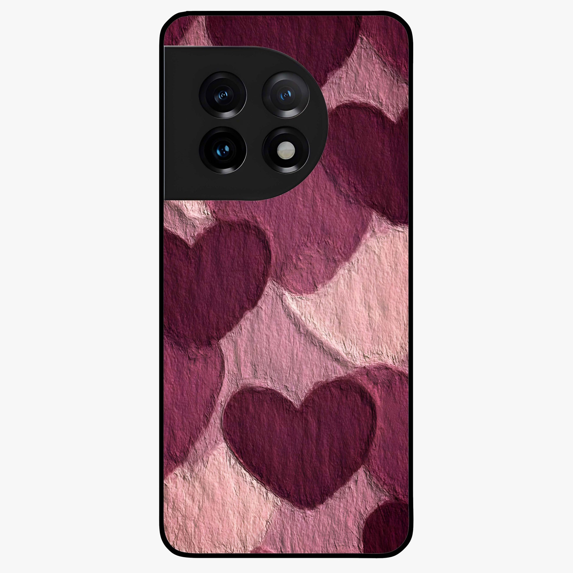 Layered Paper Hearts Glass Case for 1+11 charming front view featuring dimensional paper style heart artwork