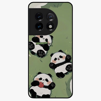 Lazy Panda Picnic Glass Case for 1+11 adorable front view featuring playful panda picnic themed artwork