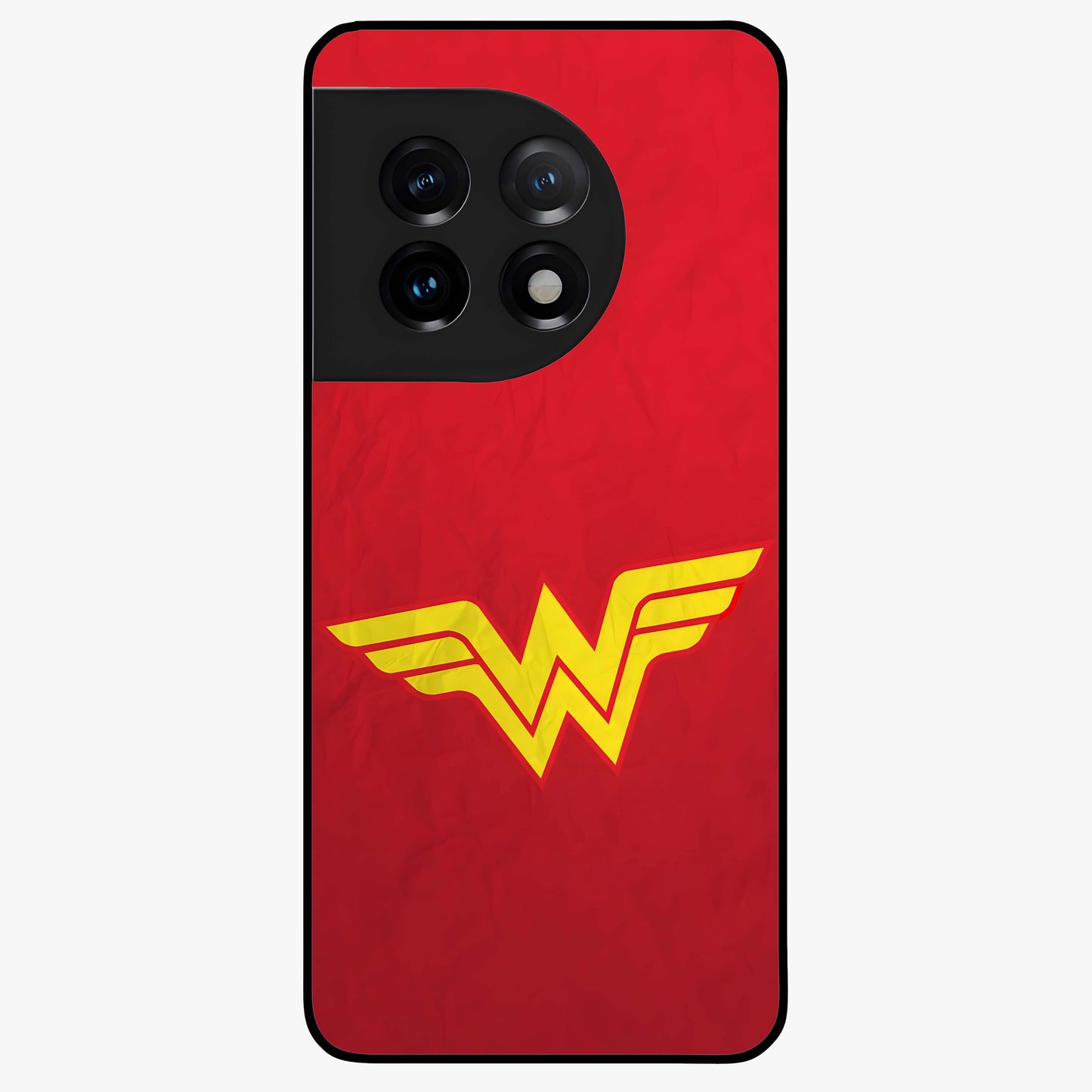 Legendary Wonder Power Glass Case for 1+11 dynamic front view featuring bold superhero inspired artwork