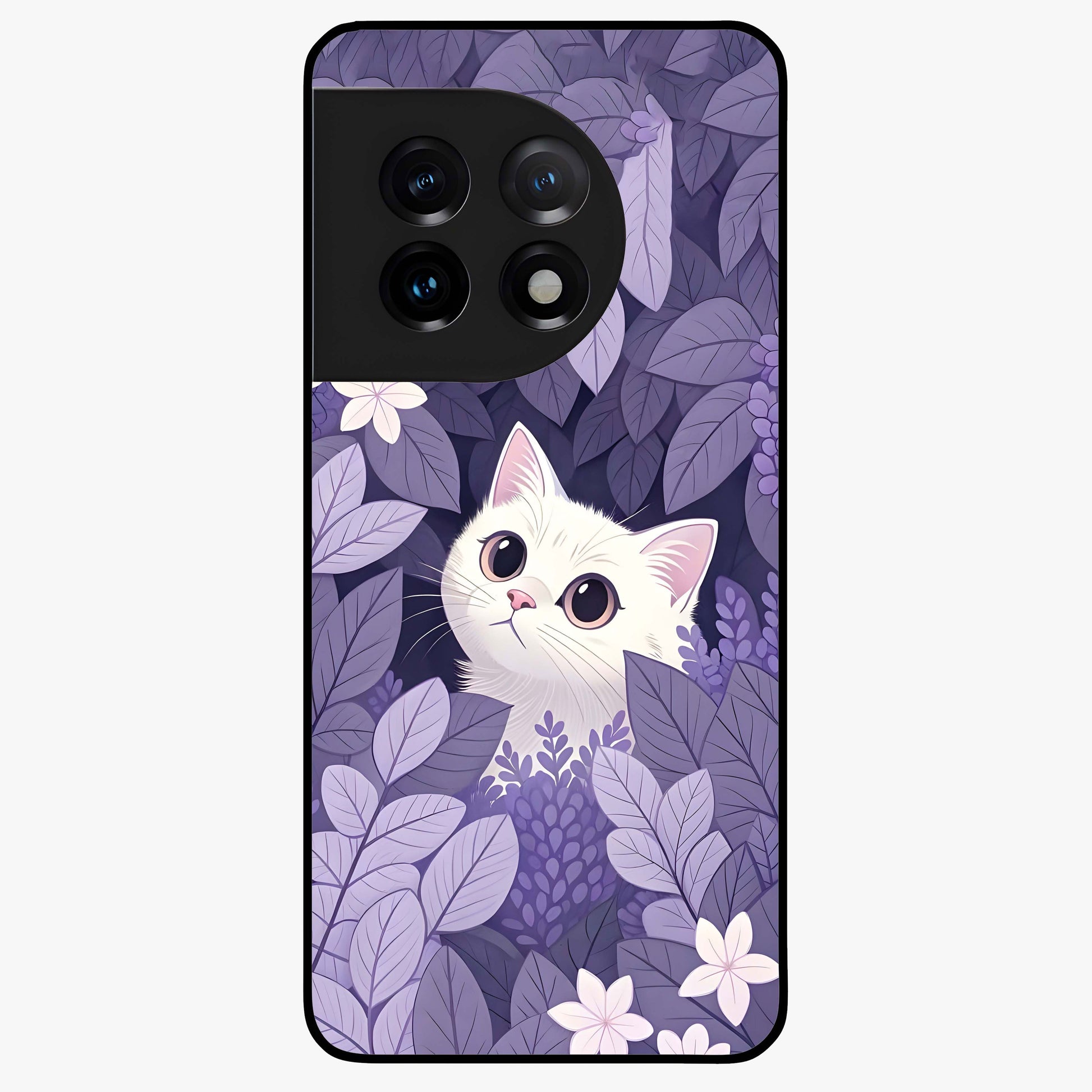Lilac Hide Peek Cat Glass Case for 1+11 adorable front view featuring playful cat artwork in lilac tones