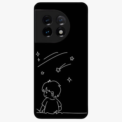 Line Art Boy With Shooting Stars Glass Case for 1+11 artistic front view featuring minimal line art character with star accents
