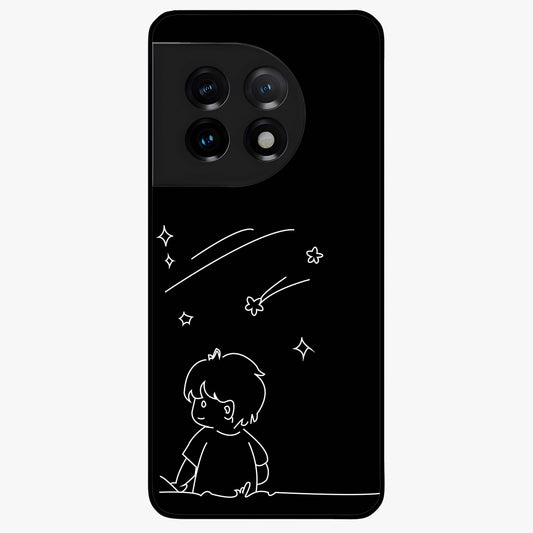 Line Art Boy With Shooting Stars Glass Case for 1+11 artistic front view featuring minimal line art character with star accents
