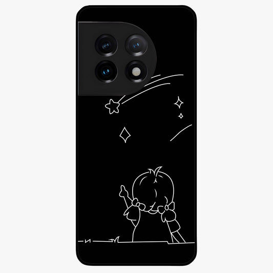 Line Art Girl With Shooting Stars Glass Case for 1+11 elegant front view featuring minimal line art character with shooting stars