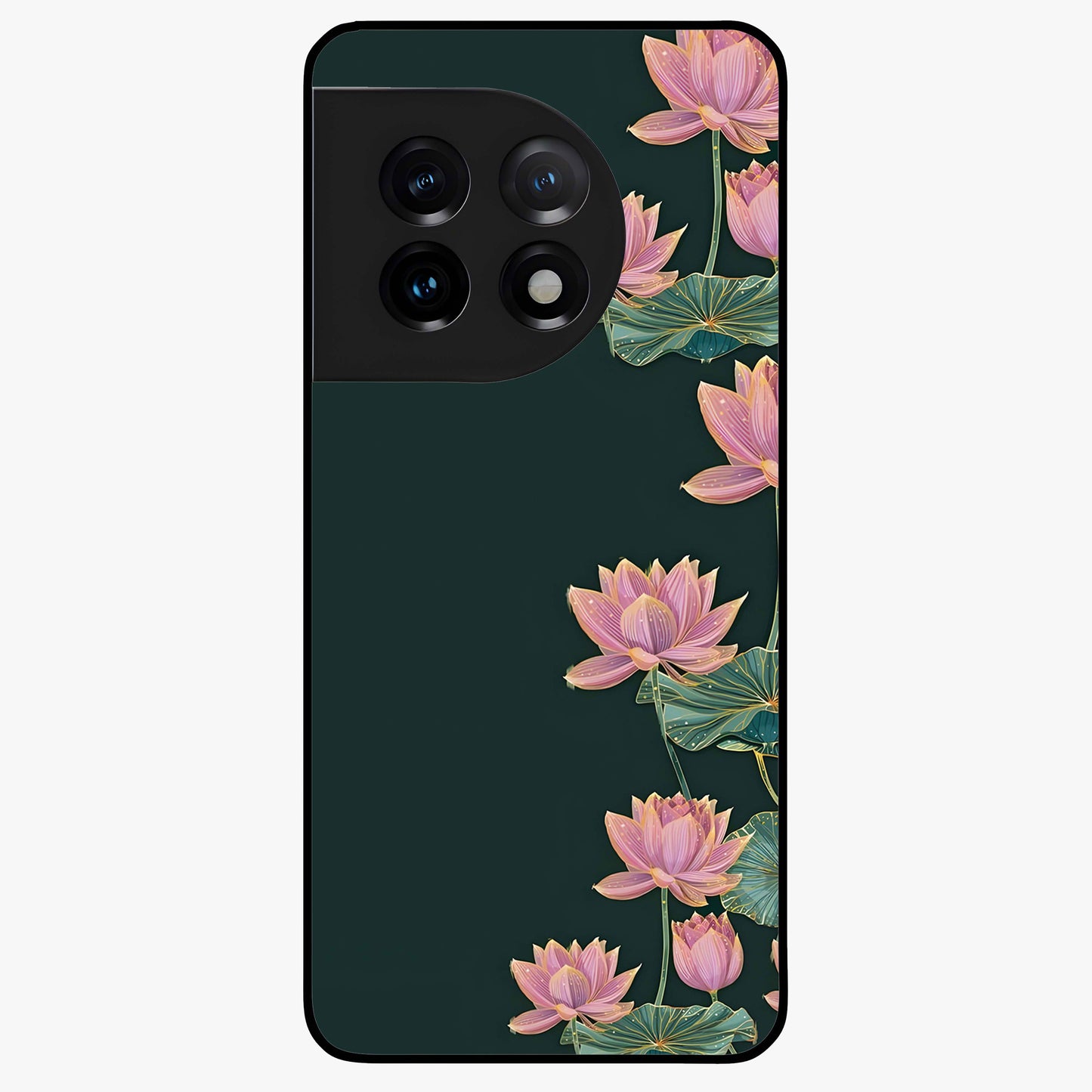 Lotus Bloom Serenity Glass Case for 1+11 peaceful front view featuring elegant lotus floral artwork