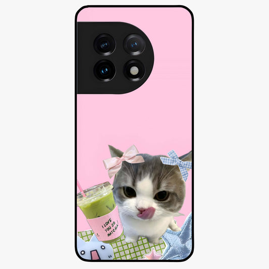 Love Matcha Cat Glass Case for 1+11 adorable front view featuring cute cat artwork with matcha theme