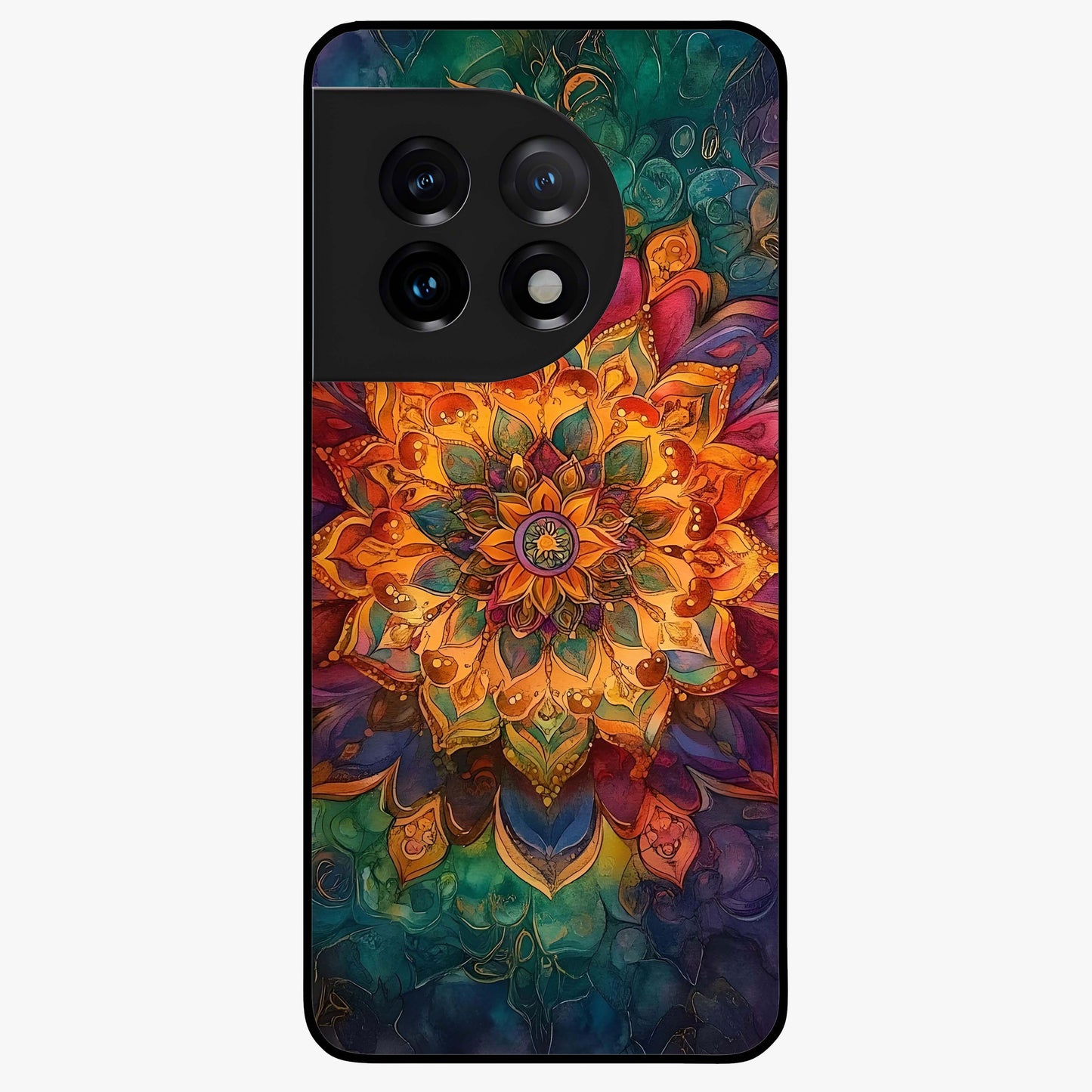 Mandala Vibrants Glass Case for 1+11 artistic front view featuring colorful mandala pattern artwork