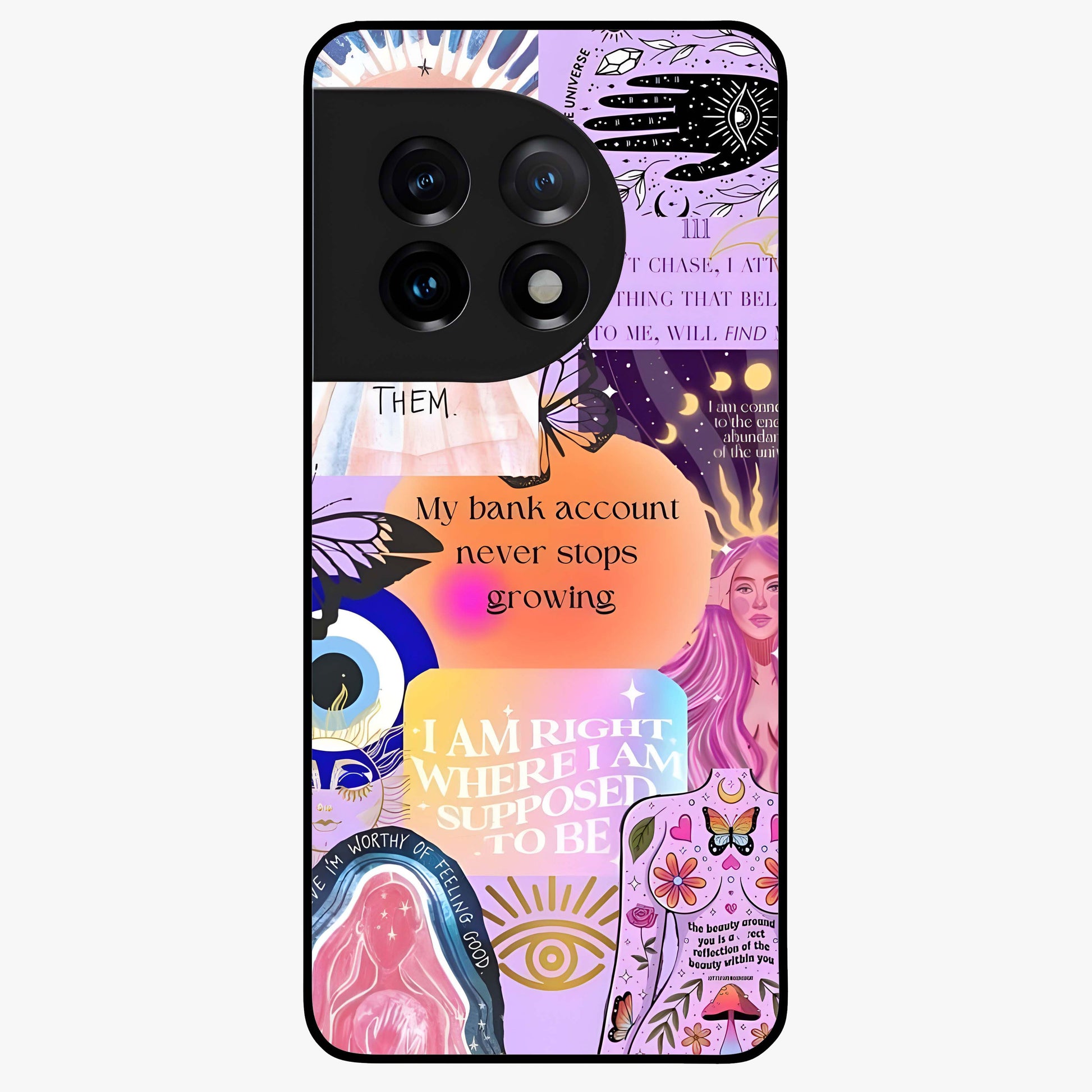 Manifestation Collage Glass Case for 1+11 creative front view featuring aesthetic vision board collage artwork