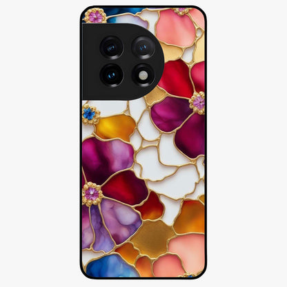 Marble Flower Pattern Glass Case for 1+11 stylish front view featuring floral artwork blended with marble texture