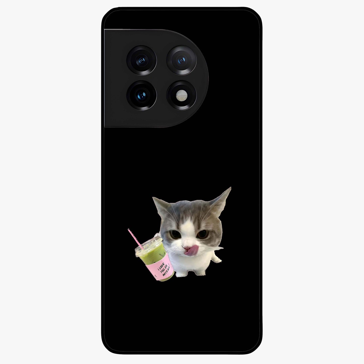 Matcha Cat Style Glass Case for 1+11 adorable front view featuring cute cat artwork in matcha green tones