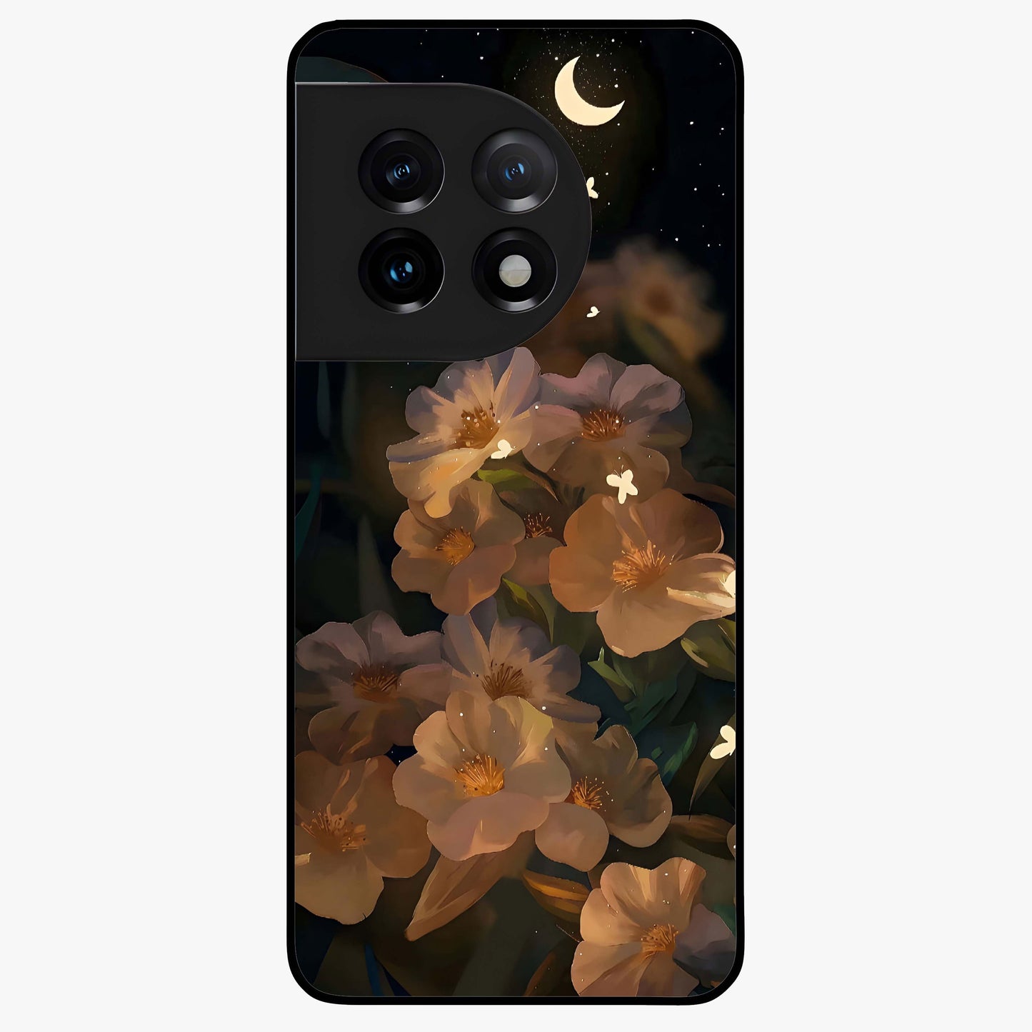 Midnight Bloom Trail Glass Case for 1+11 artistic front view featuring flowing floral trail artwork in dark tones