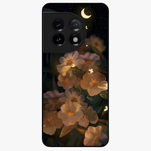 Midnight Bloom Trail Glass Case for 1+11 artistic front view featuring flowing floral trail artwork in dark tones