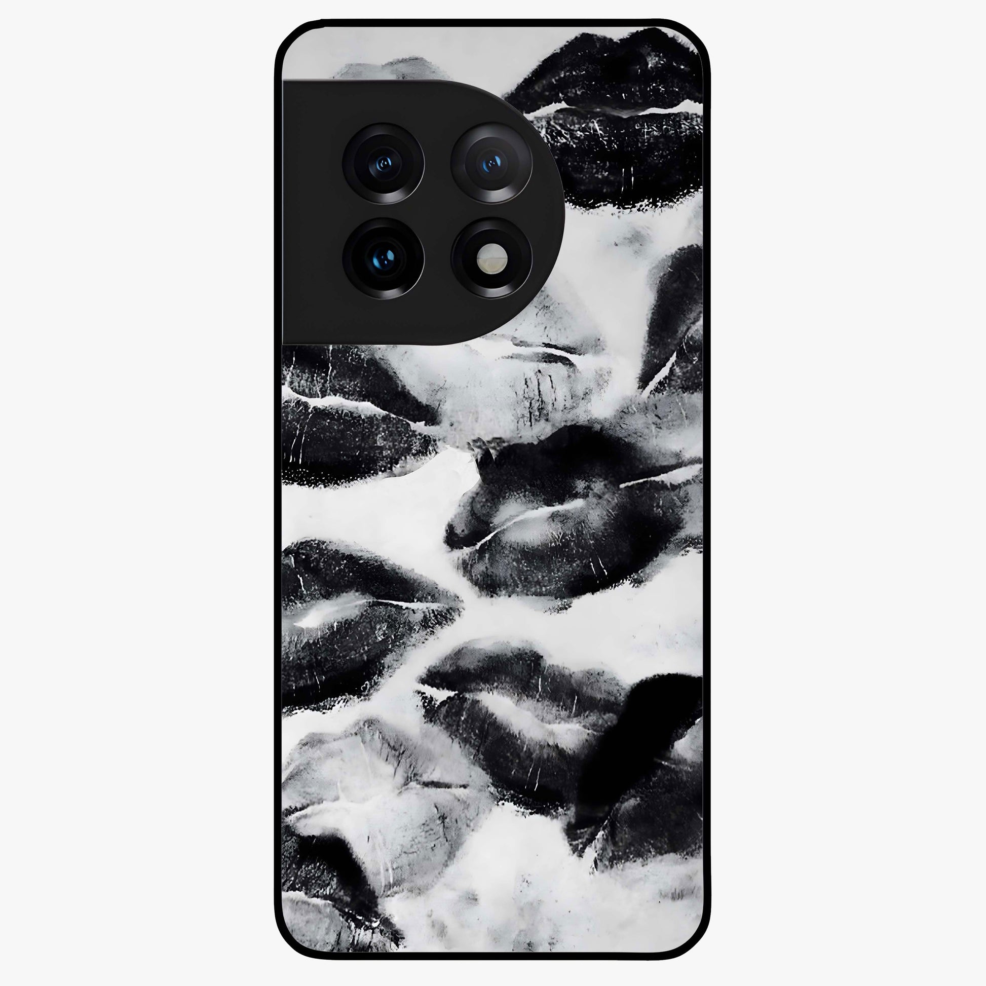 Midnight Kiss Marks Glass Case for 1+11 bold front view featuring romantic kiss mark artwork on dark background