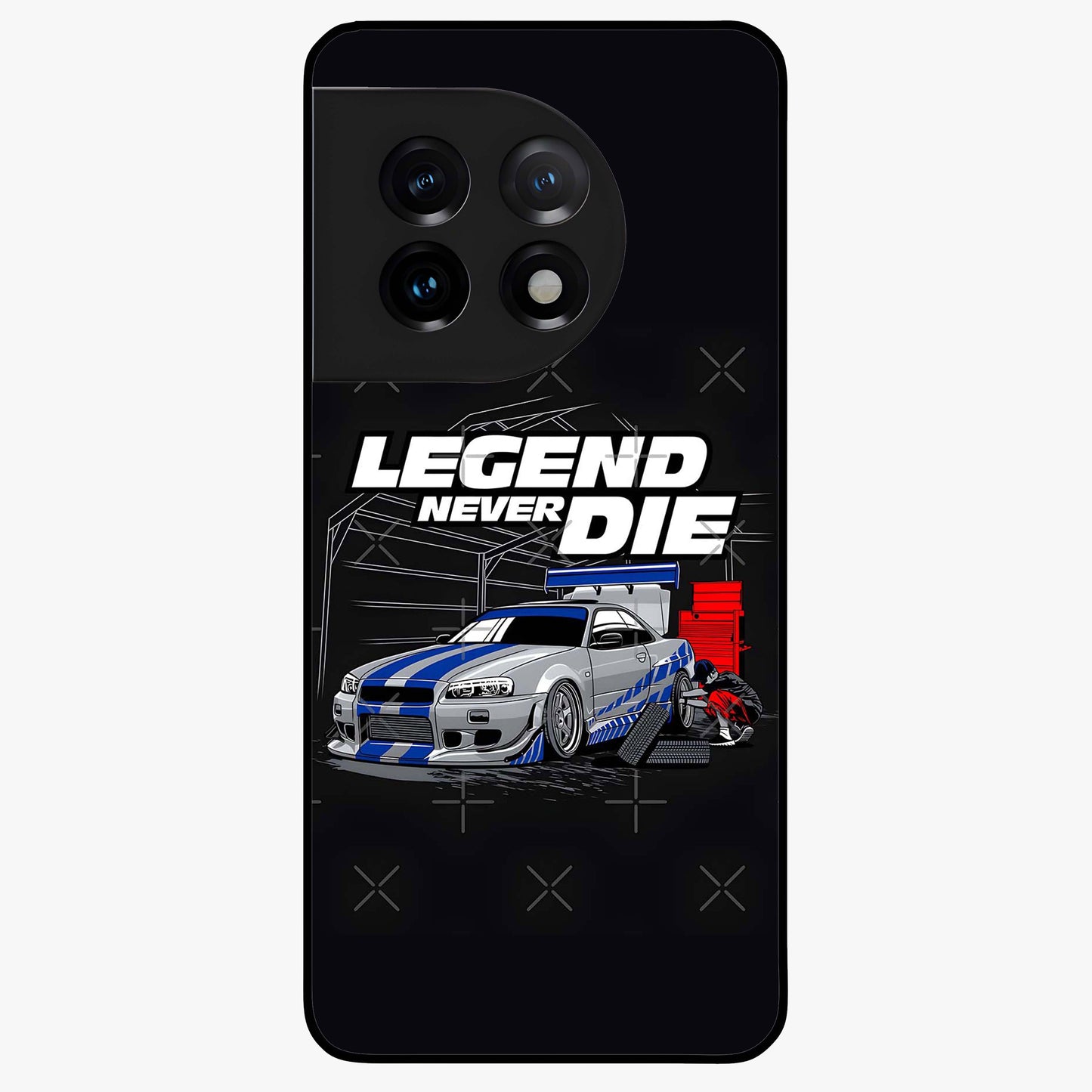 Midnight Racing Legacy Glass Case for 1+11 bold front view featuring racing inspired artwork in dark tones