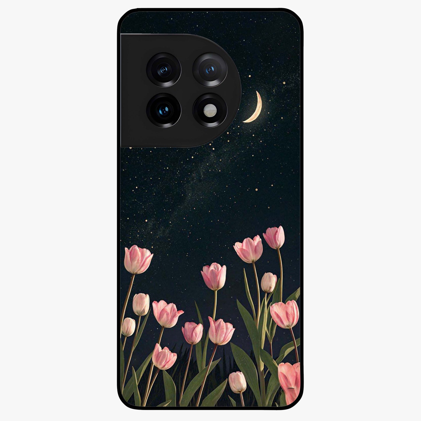 Midnight Tulip Whispers Vibe Glass Case for 1+11 elegant front view featuring tulip floral artwork on dark background
