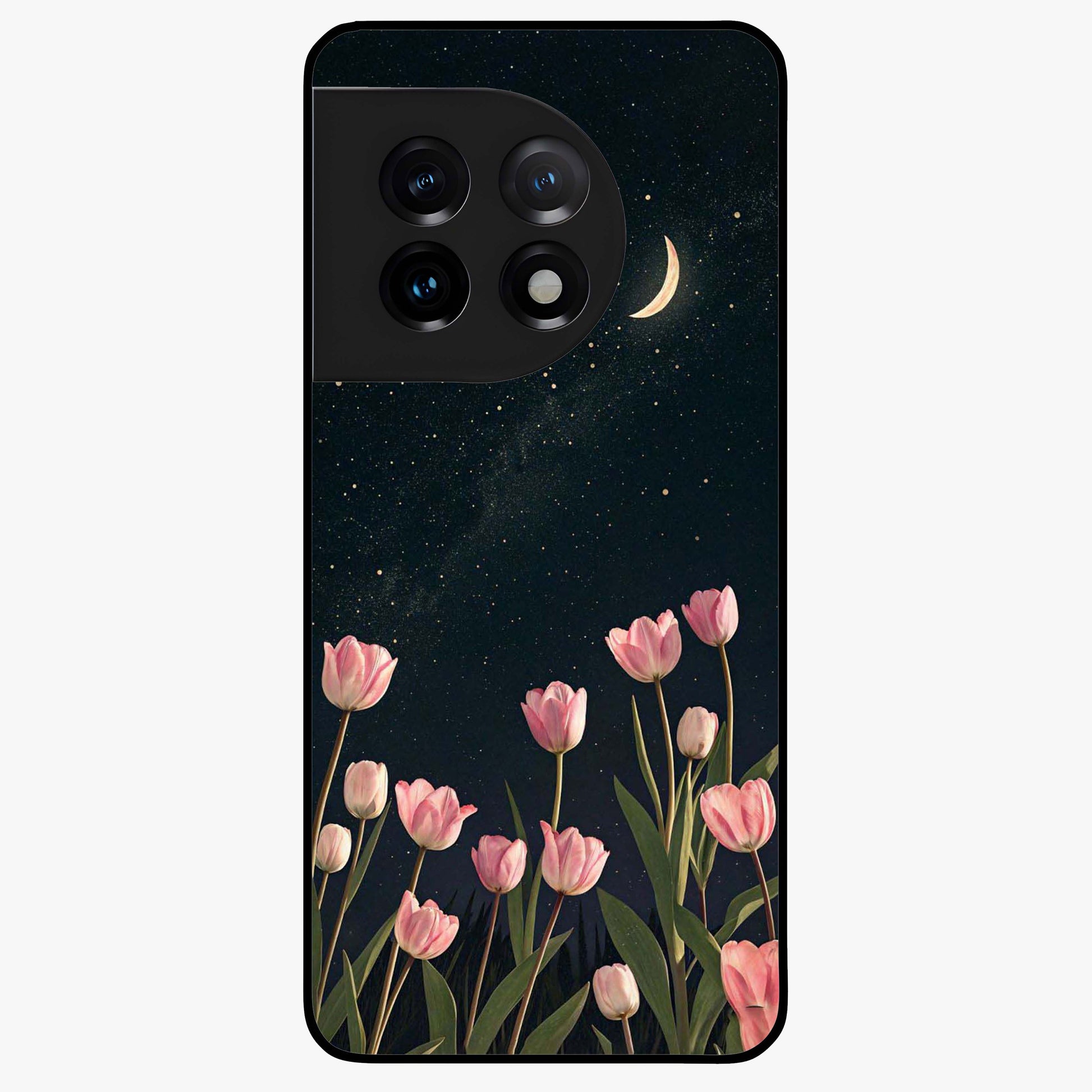 Midnight Tulip Whispers Vibe Glass Case for 1+11 elegant front view featuring tulip floral artwork on dark background