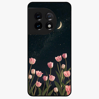 Midnight Tulip Whispers Vibe Glass Case for 1+11 elegant front view featuring tulip floral artwork on dark background