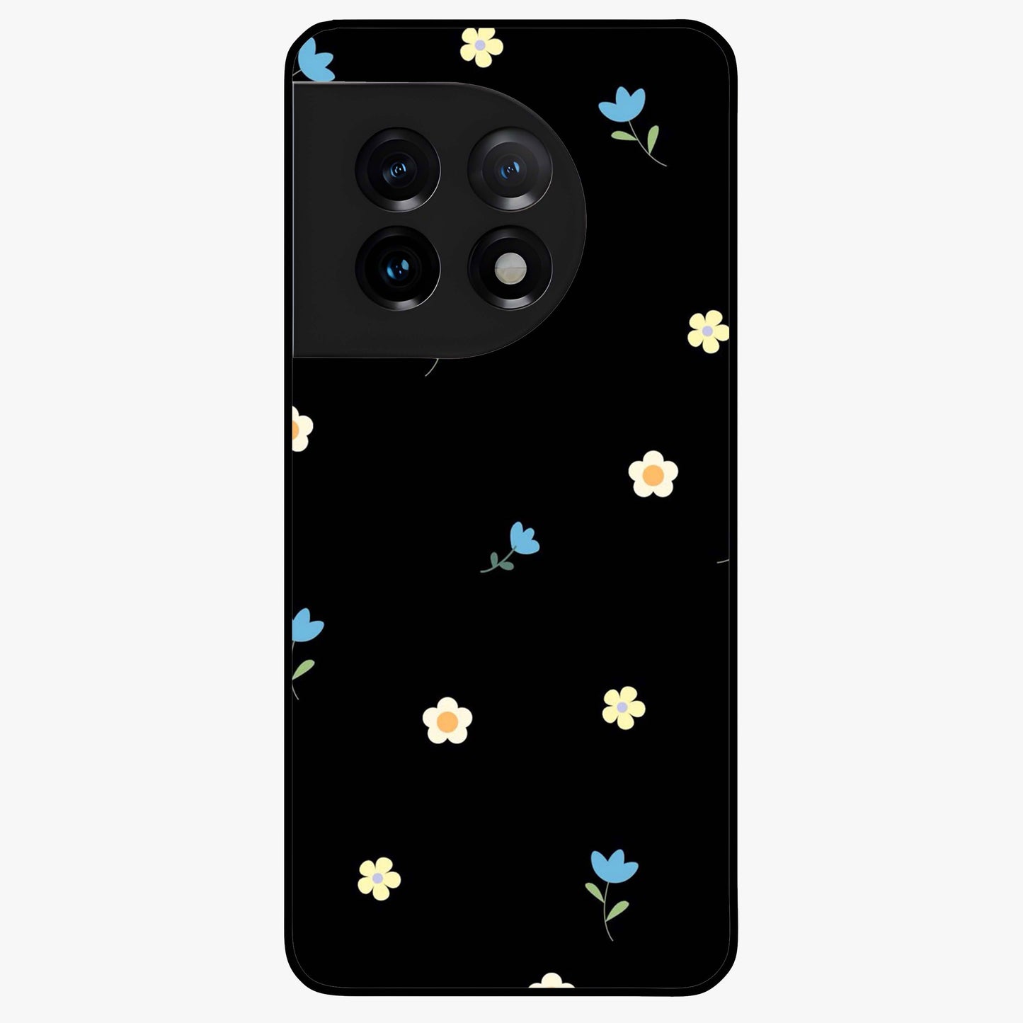 Minimalistic Blue With White Flower Pattern Glass Case for 1+11 fresh front view featuring white floral artwork on blue background