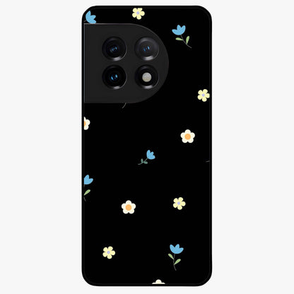 Minimalistic Blue With White Flower Pattern Glass Case for 1+11 fresh front view featuring white floral artwork on blue background