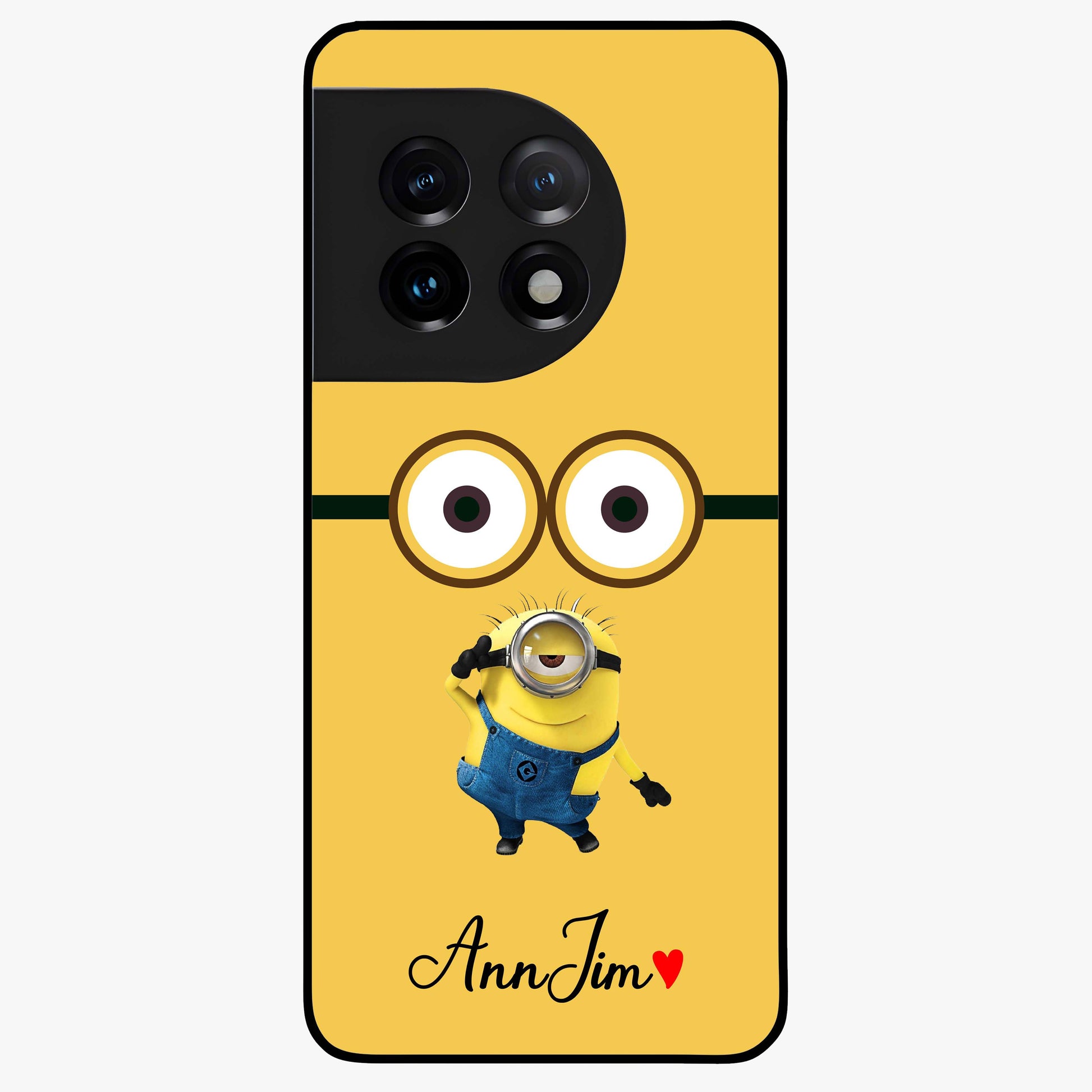 Minion Custom Name Glass Case for 1+11 playful front view featuring cartoon inspired artwork with personalized name design