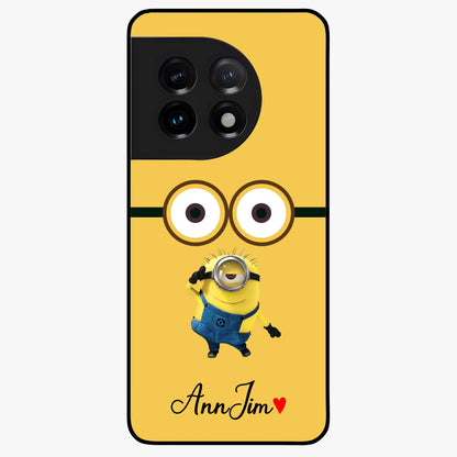 Minion Custom Name Glass Case for 1+11 playful front view featuring cartoon inspired artwork with personalized name design