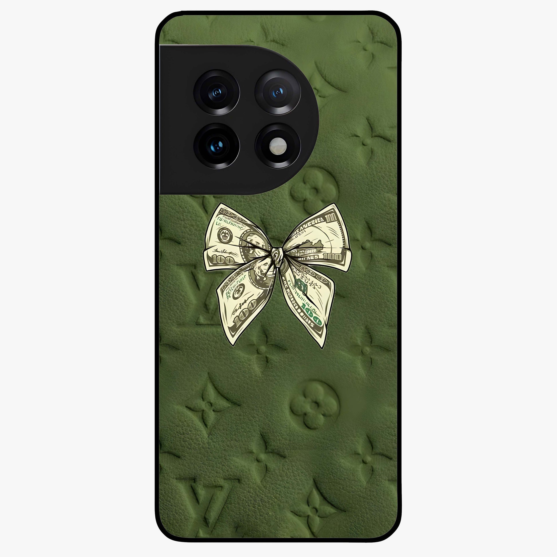 Money Bow Lv Glass Case for 1+11 luxury inspired front view featuring bold fashion themed artwork