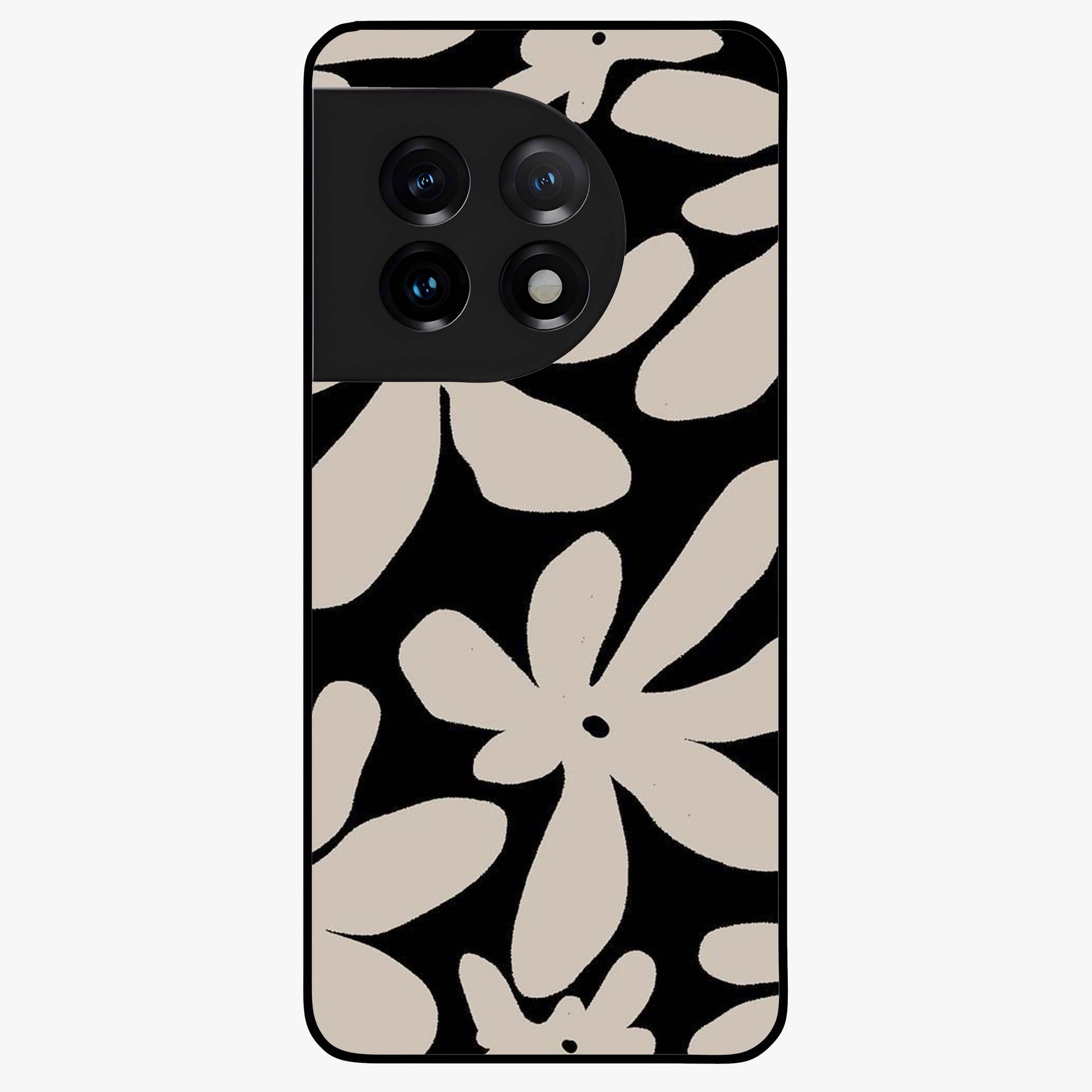 Monochrome Petal Dance Glass Case for 1+11 artistic front view featuring black and white floral artwork