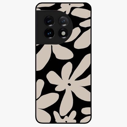 Monochrome Petal Dance Glass Case for 1+11 artistic front view featuring black and white floral artwork