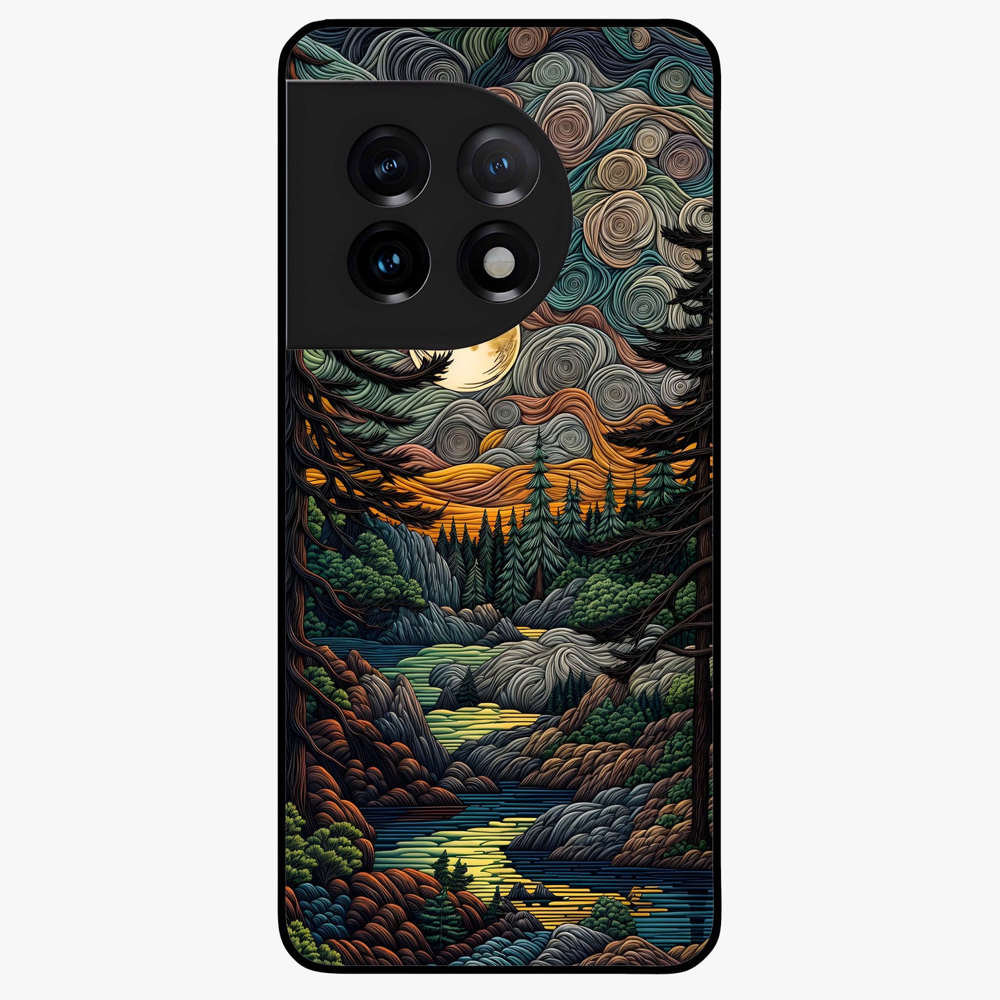 Moonlight Forest Dream Glass Case for 1+11 dreamy front view featuring forest artwork under glowing moonlight