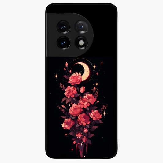 Moonlit Floral Elegance Glass Case for 1+11 graceful front view featuring sophisticated floral artwork on dark backdrop
