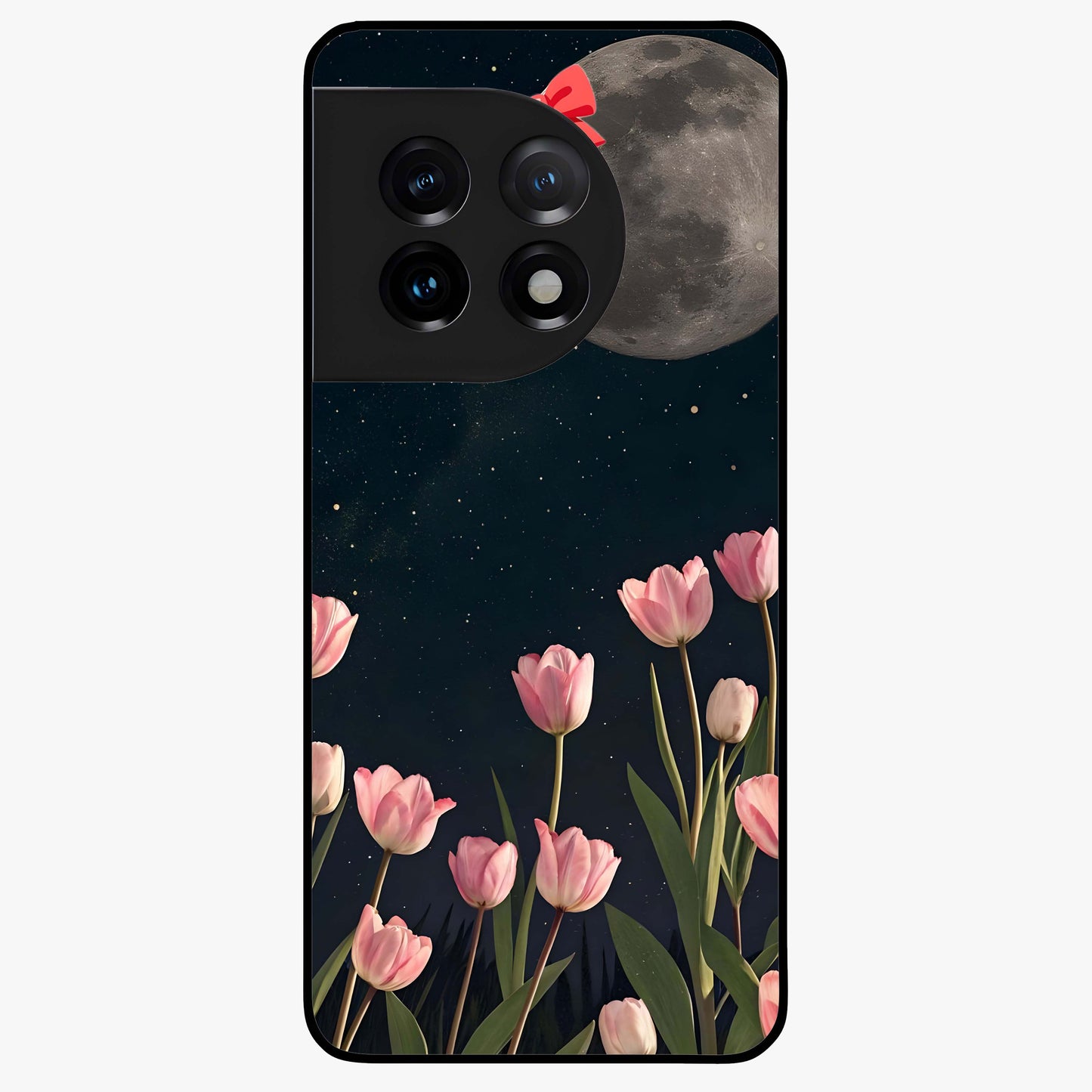 Moonlit Night Tulip Glass Case for 1+11 serene front view featuring tulip floral artwork in midnight tones