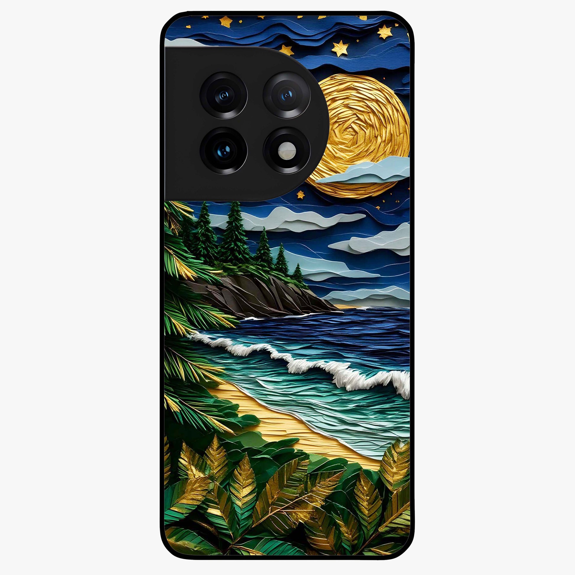 Moonlit Ocean Pines Glass Case for 1+11 scenic front view featuring pine trees by ocean under moonlit sky