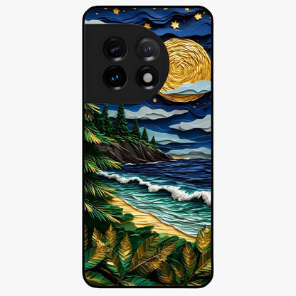 Moonlit Ocean Pines Glass Case for 1+11 scenic front view featuring pine trees by ocean under moonlit sky