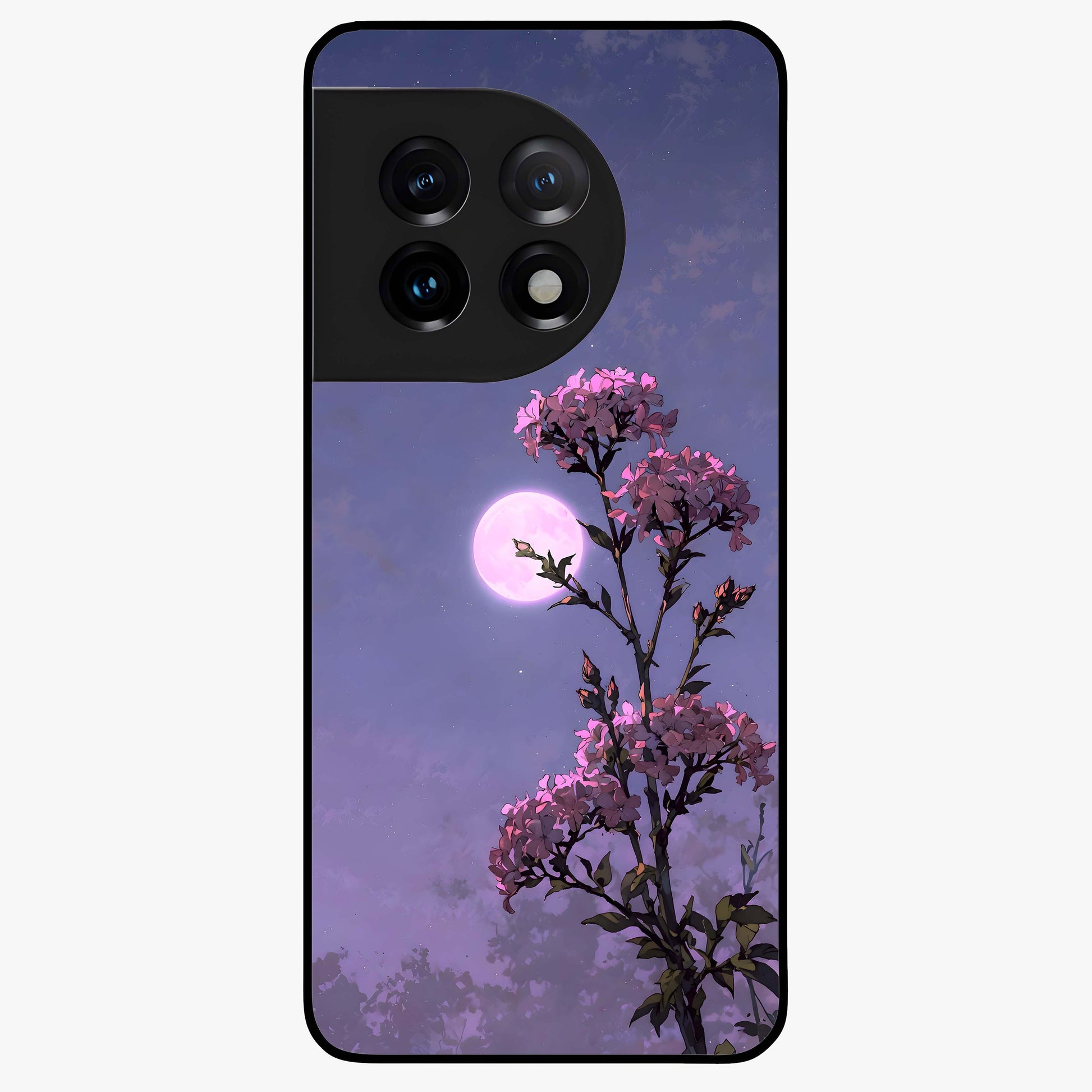 Moonlit Petal Night Glass Case for 1+11 elegant front view featuring floral artwork glowing in night tones