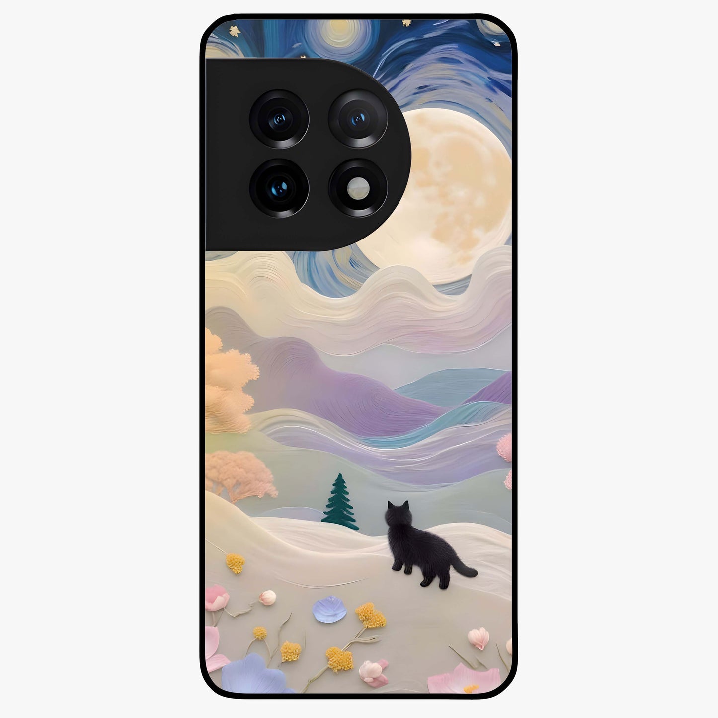 Moonlit Petal Path Glass Case for 1+11 artistic front view featuring floral pathway artwork under soft moonlight