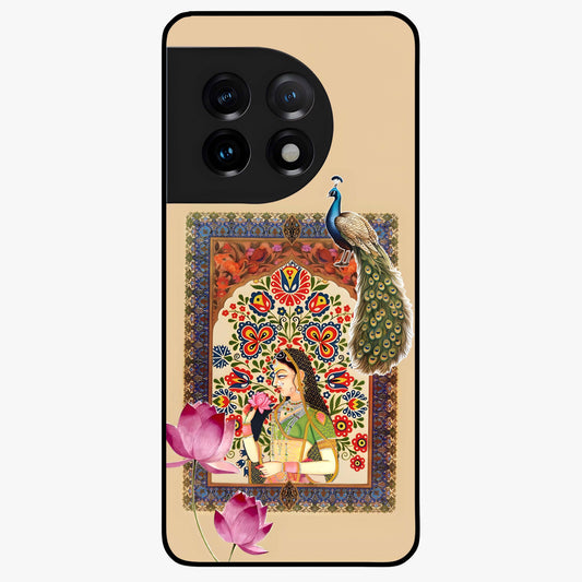 Mughal Princess and Peacock Glass Case for 1+11 royal front view featuring intricate princess and peacock artwork
