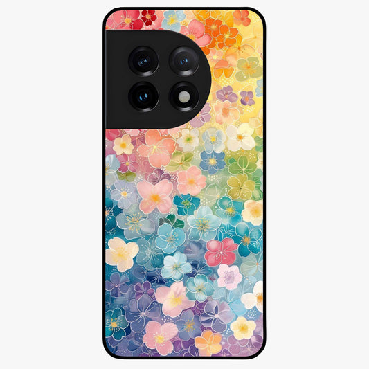 Multiple Background With Flower Glass Case for 1+11 vibrant front view featuring layered floral artwork on mixed backgrounds