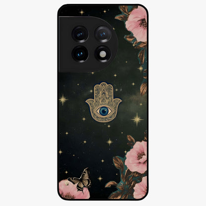 Mystic Bloom Protection Glass Case for 1+11 artistic front view featuring floral artwork with protective mystic elements