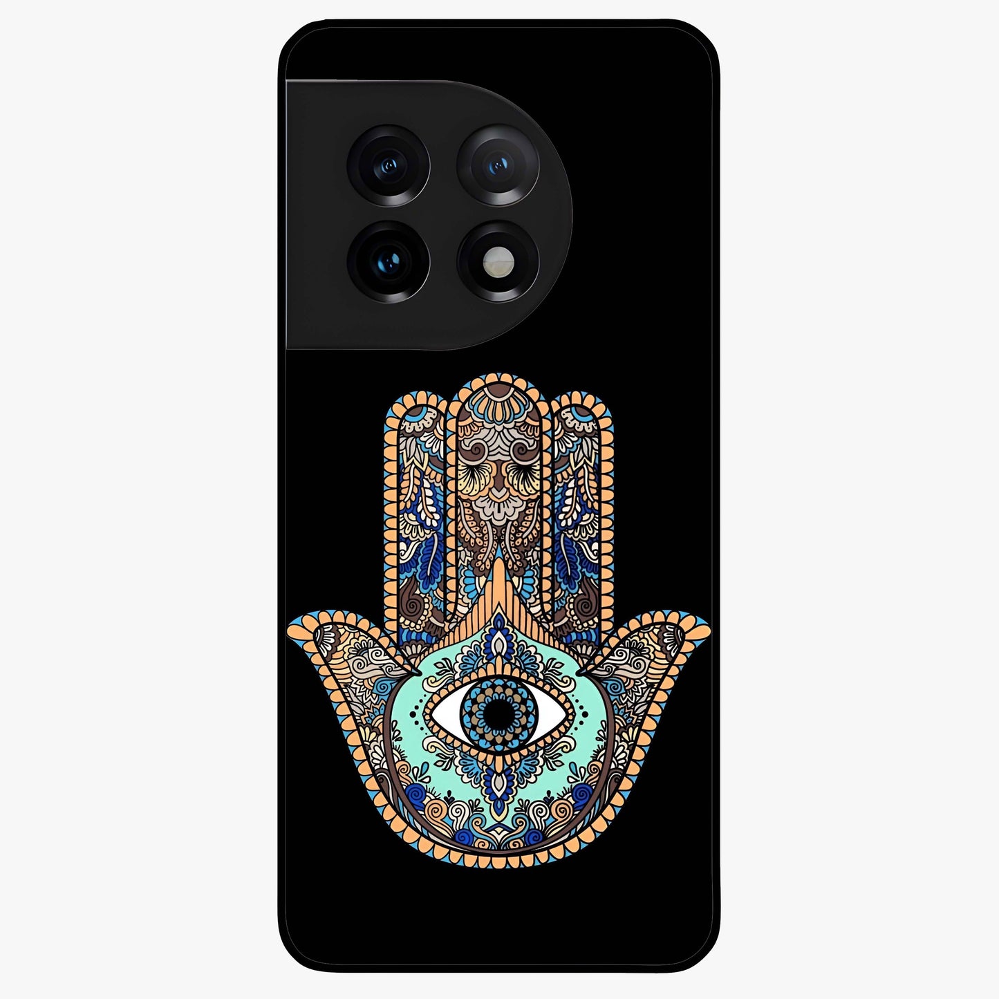 Mystic Hamsa Eye Glass Case for 1+11 symbolic front view featuring traditional hamsa eye artwork