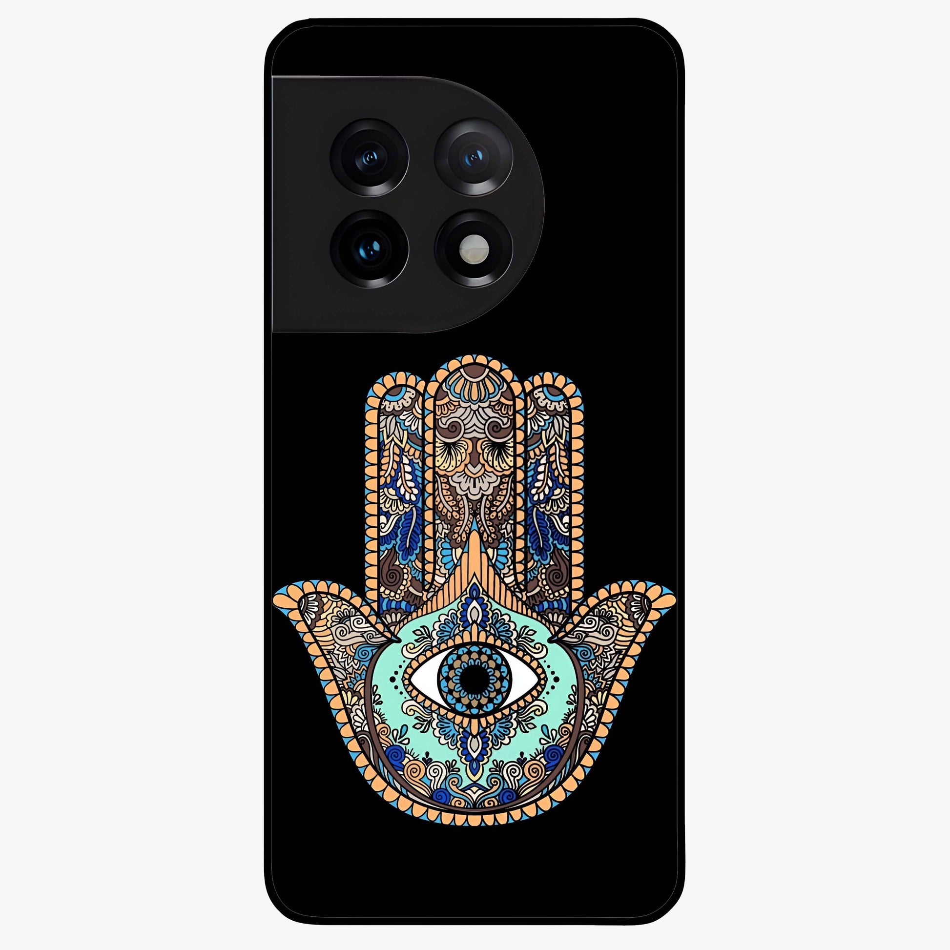 Mystic Hamsa Eye Glass Case for 1+11 symbolic front view featuring traditional hamsa eye artwork