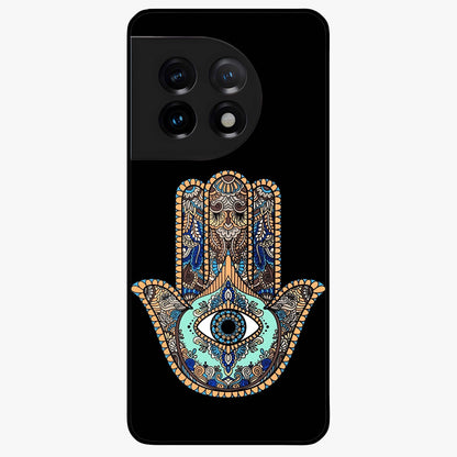 Mystic Hamsa Eye Glass Case for 1+11 symbolic front view featuring traditional hamsa eye artwork