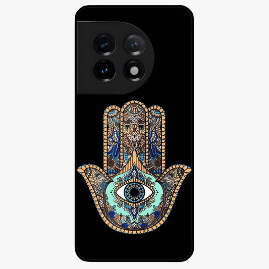 Mystic Hamsa Eye Glass Case for 1+11 symbolic front view featuring traditional hamsa eye artwork