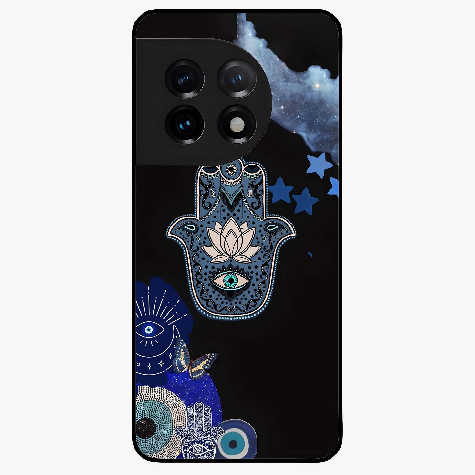 Mystic Hand Aura Glass Case for 1+11 artistic front view featuring hand symbol artwork with glowing aura tones