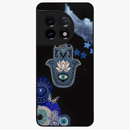 Mystic Hand Aura Glass Case for 1+11 artistic front view featuring hand symbol artwork with glowing aura tones