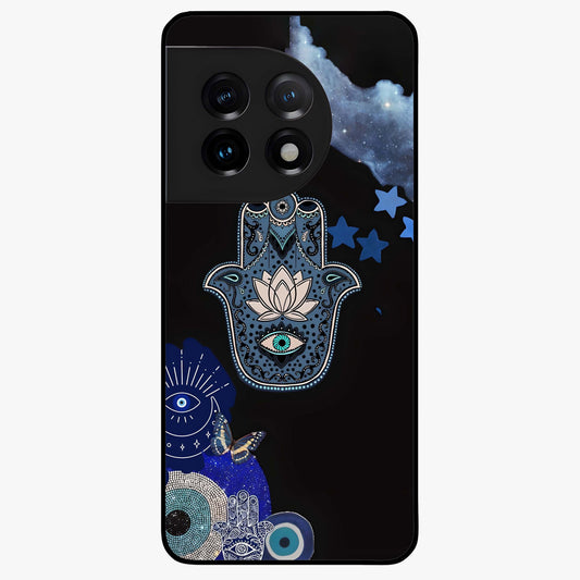 Mystic Hand Aura Glass Case for 1+11 artistic front view featuring hand symbol artwork with glowing aura tones