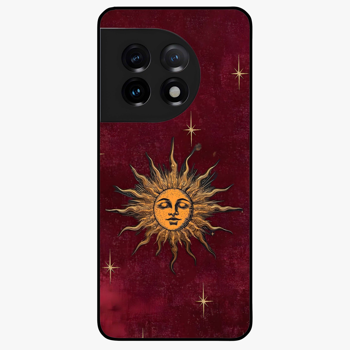 Mystic Solar Glow Glass Case for 1+11 radiant front view featuring glowing sun inspired mystical artwork