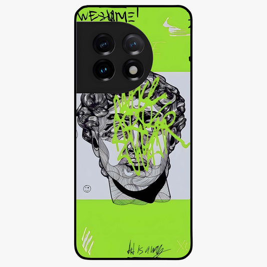 Neo Graffiti Rebellion Glass Case for 1+11 edgy front view featuring bold graffiti style artwork