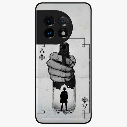 Noir Trigger Fate Glass Case for 1+11 dramatic front view featuring bold noir themed artistic artwork
