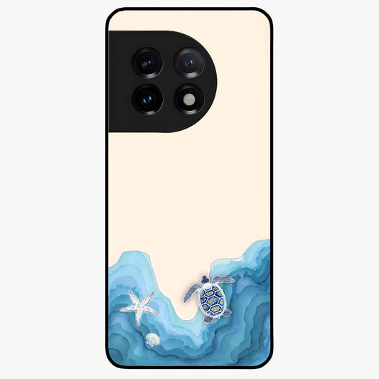 Ocean Drift Turtle Glass Case for 1+11 serene front view featuring sea turtle artwork in calming ocean tones